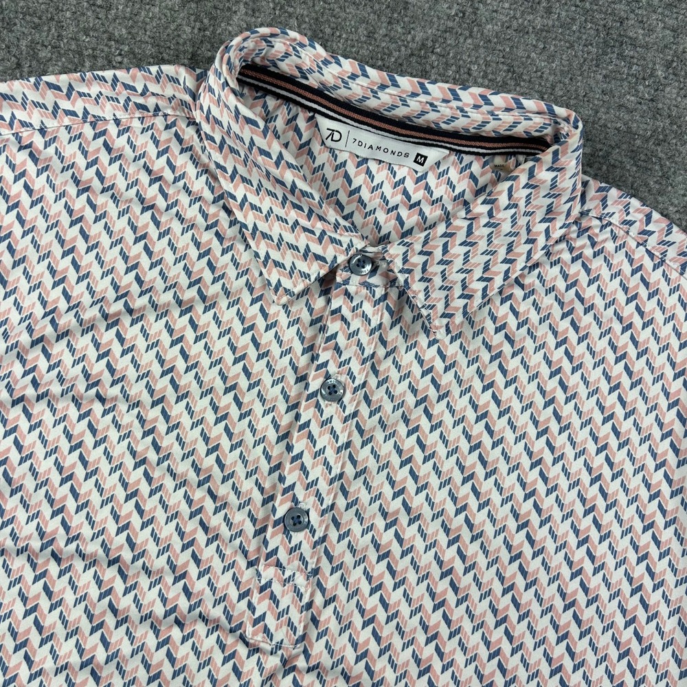 7Diamonds Polo Shirt Mens Medium Pink Blue Geometric 4-Way Stretch Golf SMP-1581